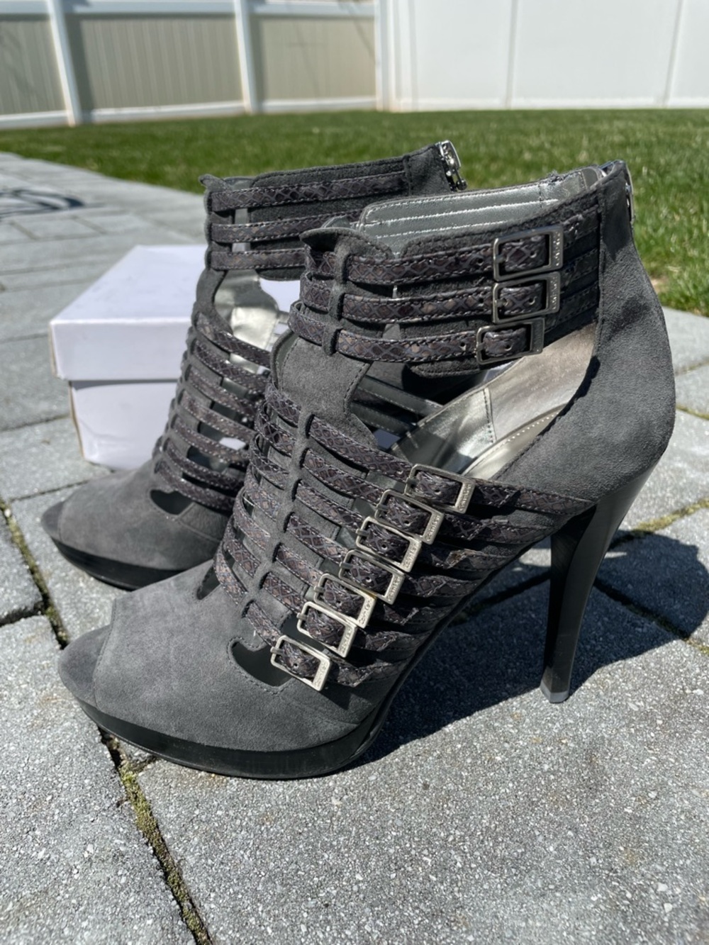 Women’s Calvin Klein Gray Strappy High Heel Peep Toe Booties with Buckle Detail